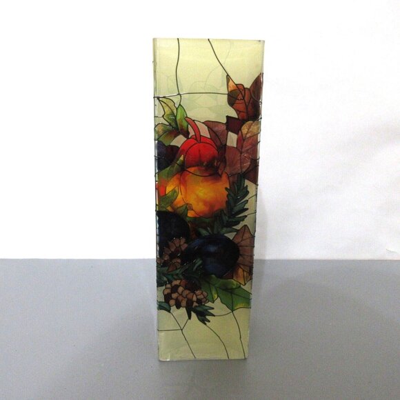 Joan Baker Hand Painted Stained Glass Vase Fruits Autumn Leaves Apx 10” x 3” x3" - Picture 9 of 10